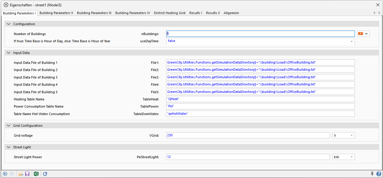 Tab "Building Parameter I" of the parameter dialog of the Street model